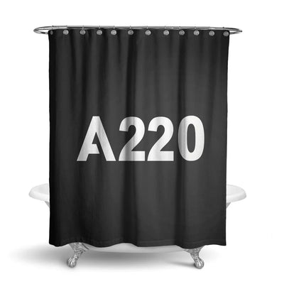 Airbus A220 Flat Text aviation design on waterproof polyester shower curtain.