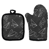 Thumbnail for Paper Airplane & Fly (Gray) Kitchen Glove & Holder aviation design on durable fabric with insulated lining kitchen glove holder.