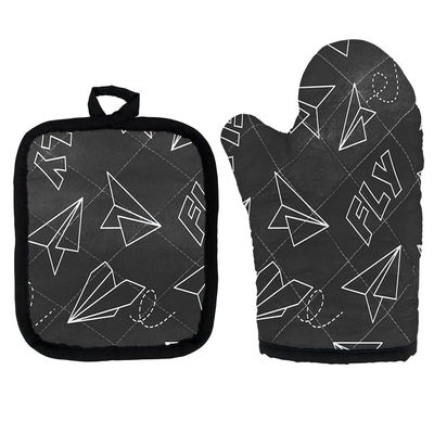 Paper Airplane & Fly (Gray) Kitchen Glove & Holder aviation design on durable fabric with insulated lining kitchen glove holder.
