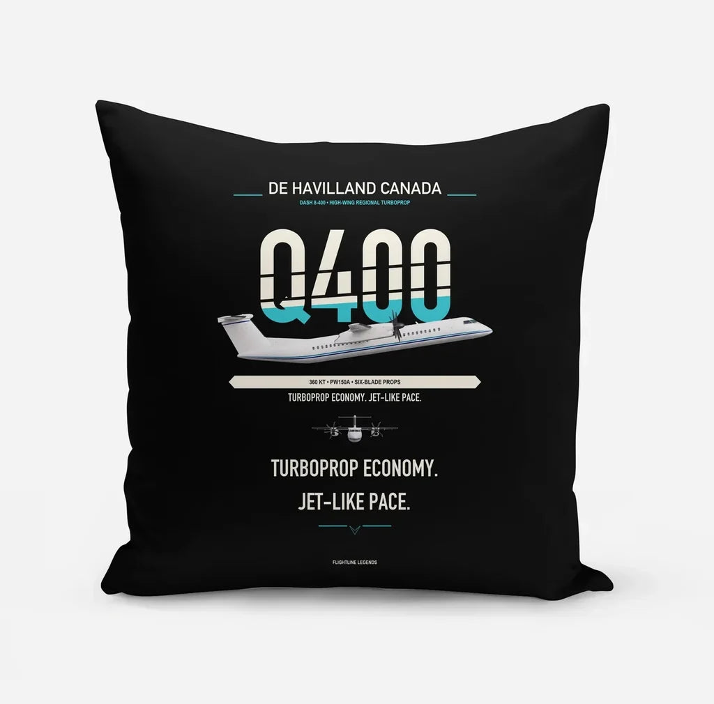 De Havilland Dash 8-400 design on black pillow