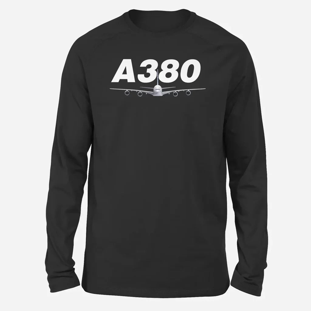 Super Airbus A380 Long-Sleeve aviation design printed on soft cotton long-sleeve T-shirt.