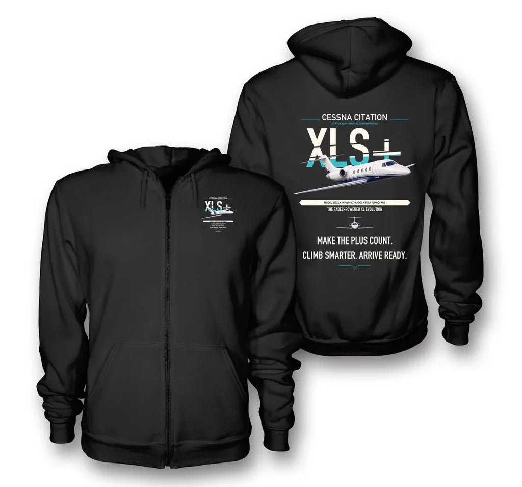 Cessna Citation XLSPlus design on black premium zipped hoodie, double-side print