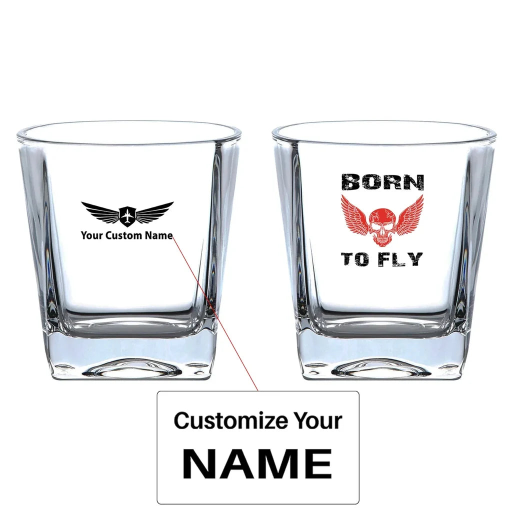 Born To Fly SKELETON aviation design on whiskey glass, crystal-clear premium glassware.