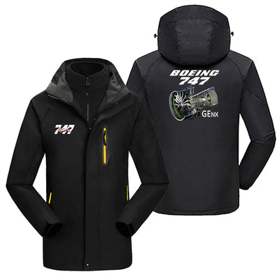 Boeing 747 & GENX Engine aviation design printed on heavyweight insulated shell with snow cuffs thick ski jacket.