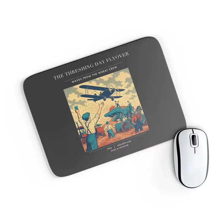 VINTAGE G4389 - The Threshing Day Flyover - Designed Mouse Pads design on black rectangle