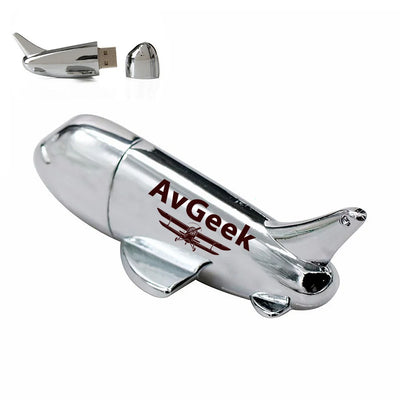 Avgeek aviation design on durable metal casing airplane-shape USB drive.