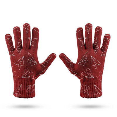 Paper Airplane & Fly (Red) aviation design on soft knit fabric gloves.