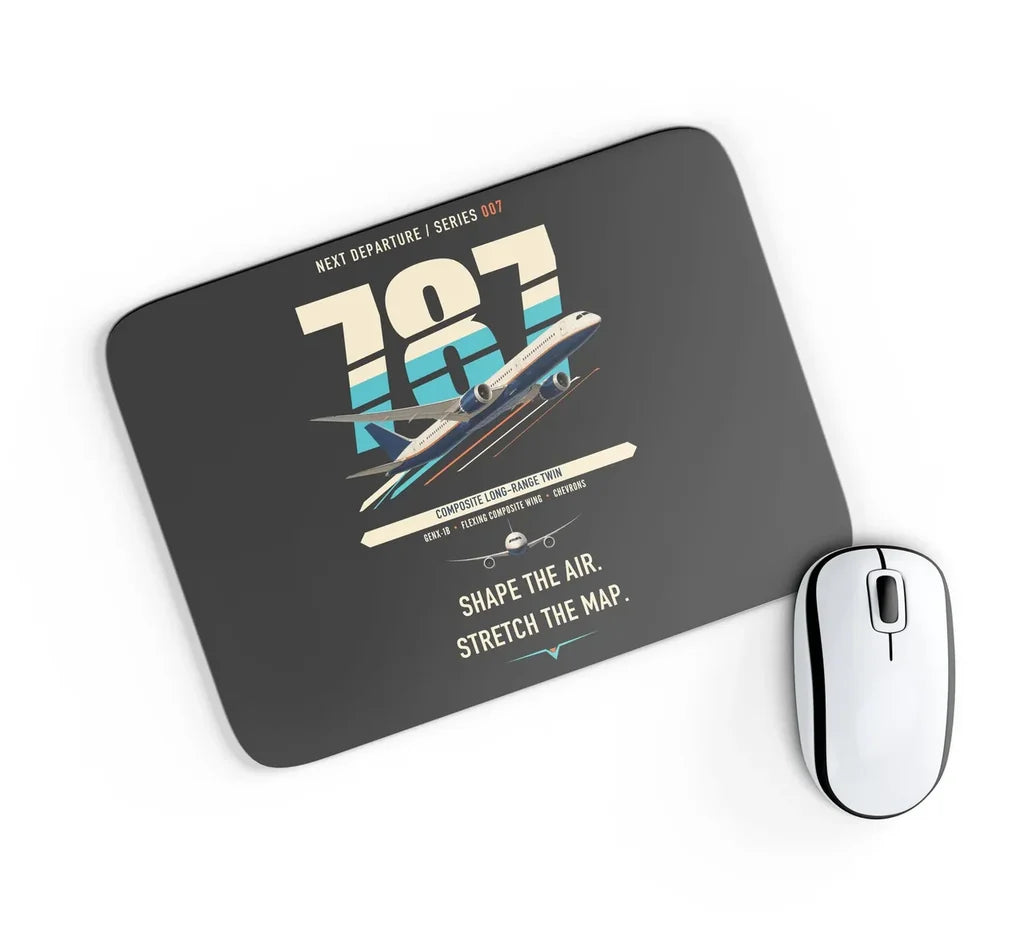 Boeing 787-9 Dreamliner design on black rectangle mouse pad