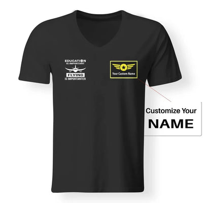 Flying is Importanter aviation design printed on soft cotton V-neck T-shirt.