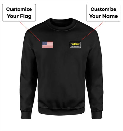 Custom Flag & Name with Badge aviation design printed on soft cotton blend sweatshirt.
