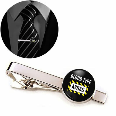 Blood Type AVGAS aviation-themed tie clip, polished stainless steel.