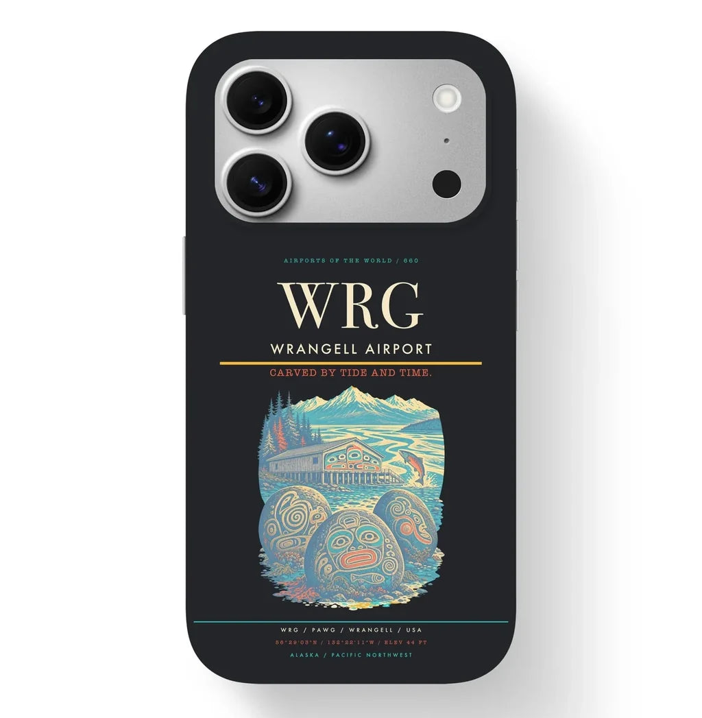 Wrangell Airport (WRG) design on black iPhone 17 Pro MagSafe case