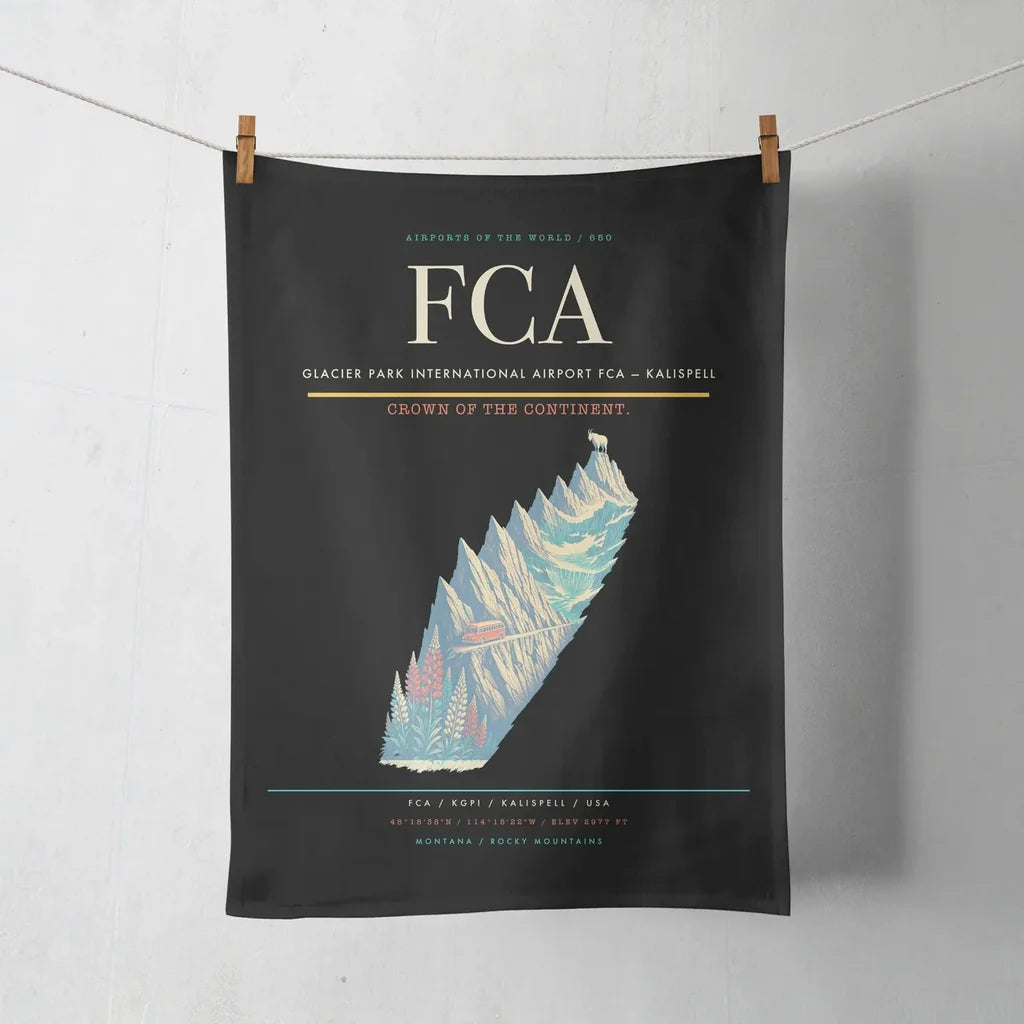 Glacier Park International Airport (FCA) design on black towel