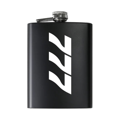 Boeing 777 Text aviation design on stainless hip flask, compact pocket-size flask.