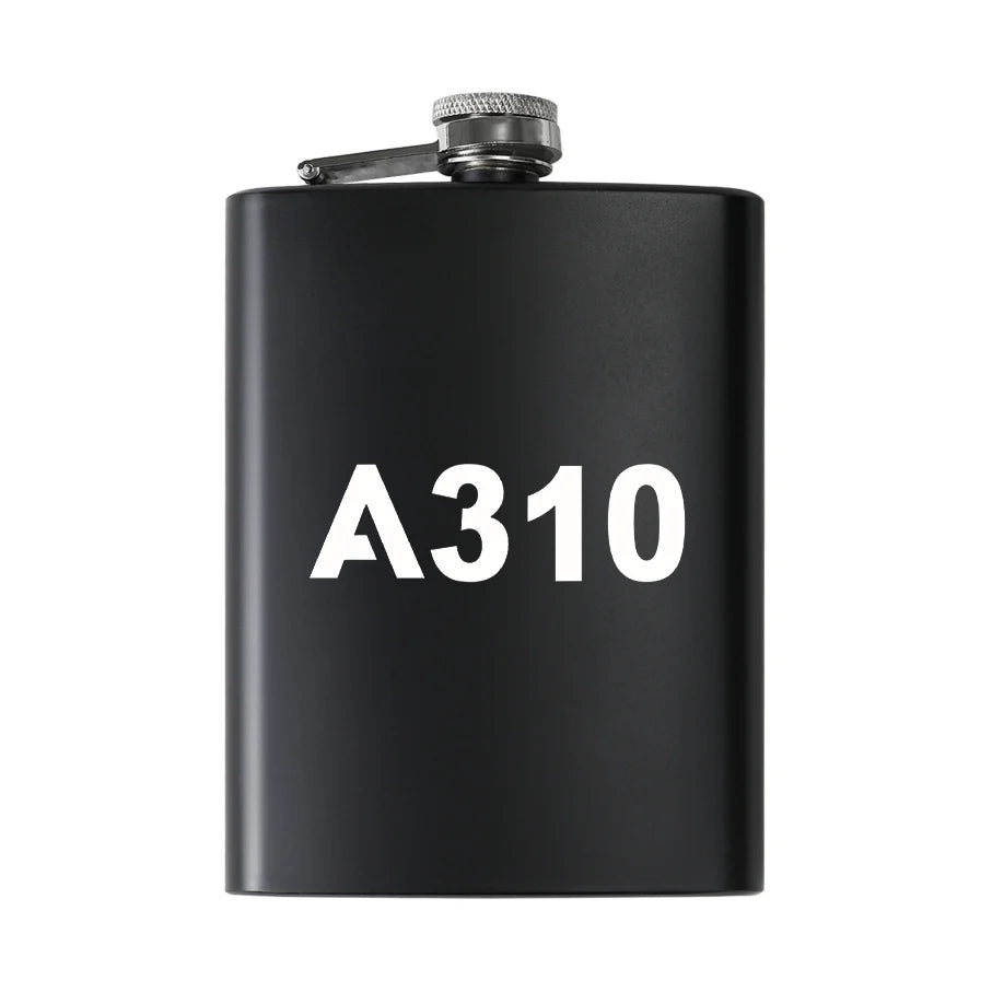 Airbus A310 Flat Text aviation design on stainless hip flask, compact pocket-size flask.