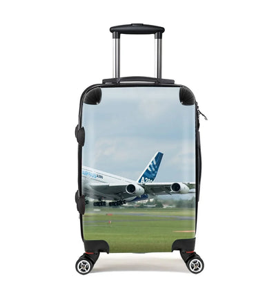 Departing Airbus A380 with Original Livery Cabin Size aviation luggage in durable shell.