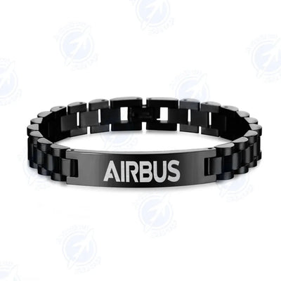 Airbus & Text aviation chain bracelet, stainless steel body with engraved detail.