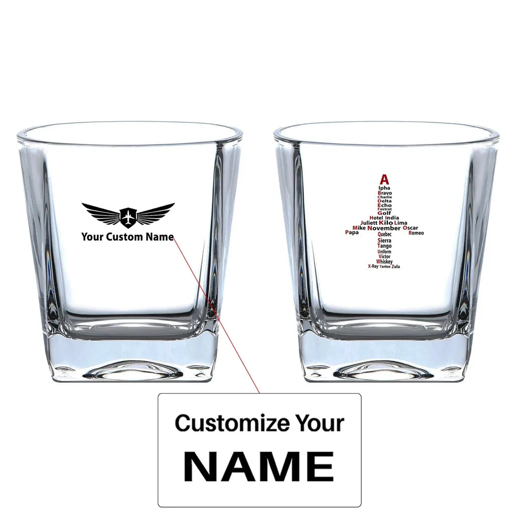 Airplane Shape Aviation Alphabet aviation design on whiskey glass, crystal-clear premium glassware.