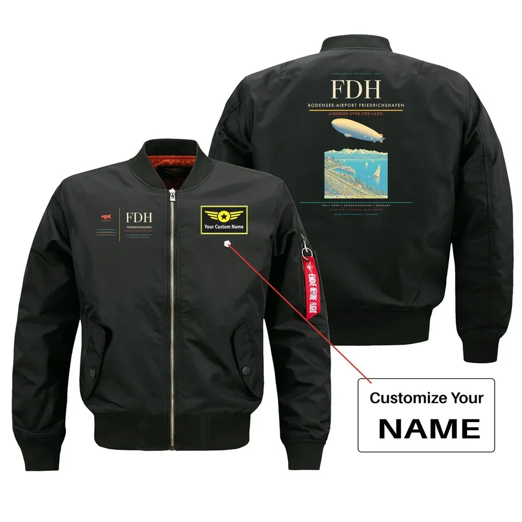 Bodensee-Airport Friedrichshafen (FDH) design on black bomber jacket with custom name patch