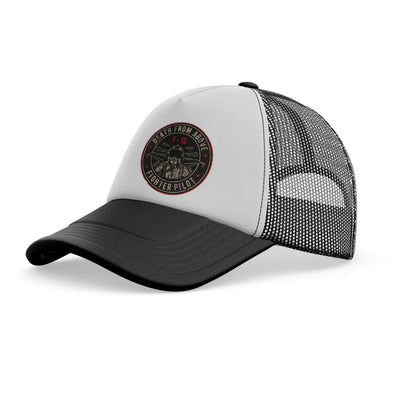 Fighter Jet 16 - Death From Above aviation embroidery on mesh-back cotton trucker cap.