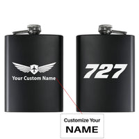 Thumbnail for Boeing 727 Flat Text aviation design on stainless hip flask, compact pocket-size flask.
