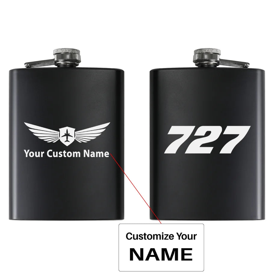 Boeing 727 Flat Text aviation design on stainless hip flask, compact pocket-size flask.