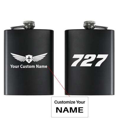Boeing 727 Flat Text aviation design on stainless hip flask, compact pocket-size flask.