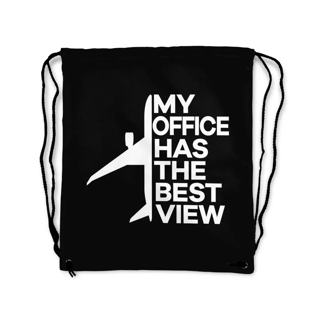 My Office Has The Best View aviation print drawstring bag, lightweight polyester.