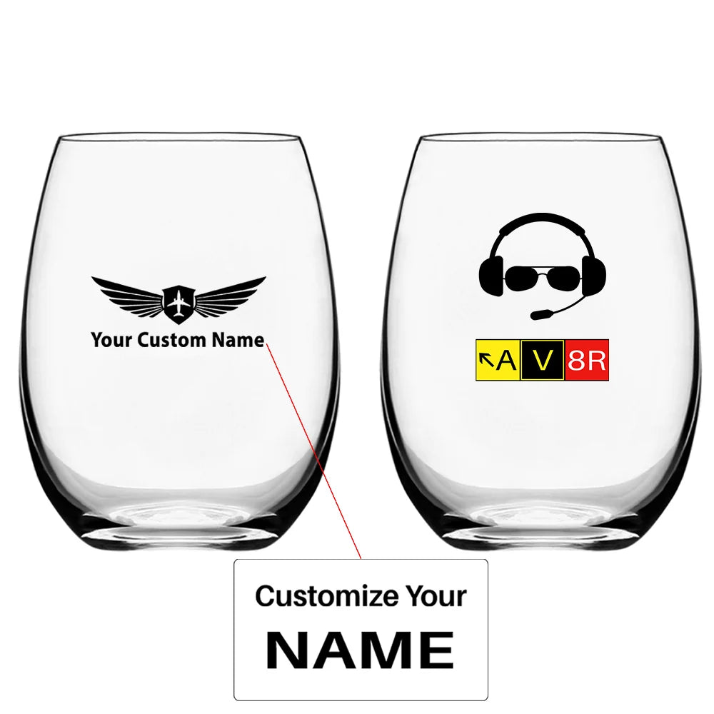 AV8R 2 Water & Drink aviation design on water glass, crystal-clear premium glassware.
