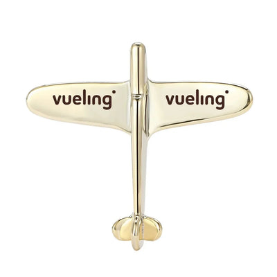 Side view of Vueling Airlines Airplane Shape aviation airplane-shape brooch in polished alloy, polished finish.
