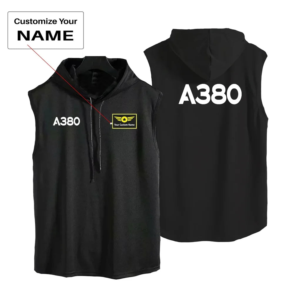 Airbus A380 Flat Text aviation design on breathable cotton with hood hooded tank top.