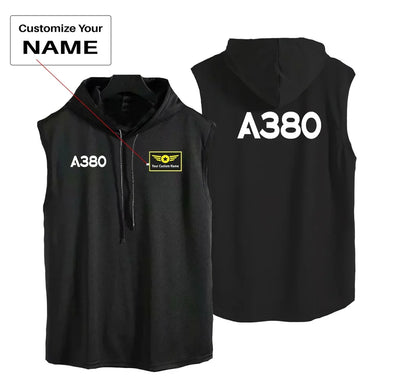 Airbus A380 Flat Text aviation design on breathable cotton with hood hooded tank top.