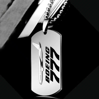 The Boeing 777 aviation-themed necklace, polished metal.