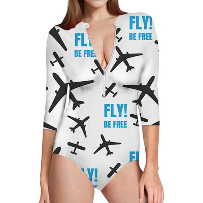 Fly Be Free White aviation design on stretch swim fabric deep-V swim bodysuit.