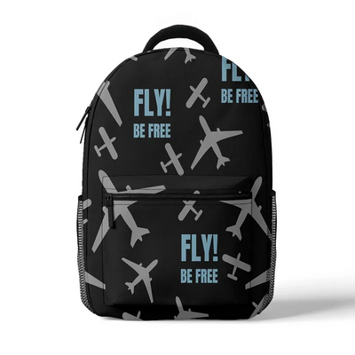 Fly Be Free (4 Colors) aviation print backpack, durable polyester.