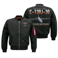 Thumbnail for C-130J-30 Super Hercules design on black bomber jacket, double-side print