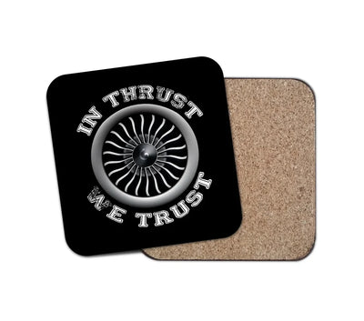 In Thrust We Trust (Vol 2) aviation design on cork-backed wood with print coaster.