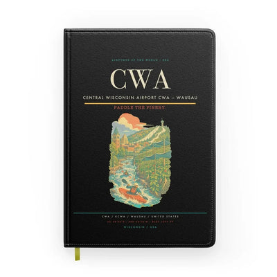 Central Wisconsin Airport (CWA) design on black notebook