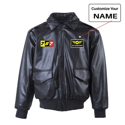 Flat Colourful 787 Leather Bomber Jackets (NO Fur) aviation design printed on genuine leather with quilted lining leather bomber.
