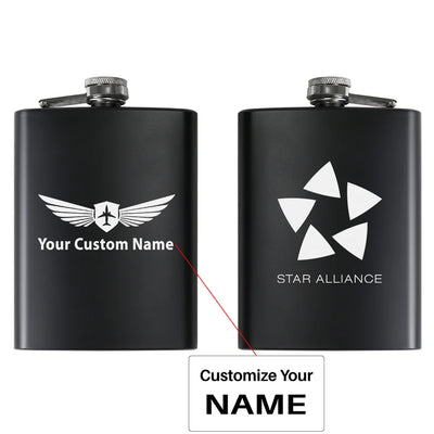 Star Alliance Airlines aviation design on stainless hip flask, compact pocket-size flask.