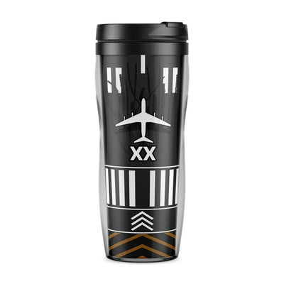 CUSTOMIZABLE Runway aviation design on plastic travel mug, bpa-free durable plastic.
