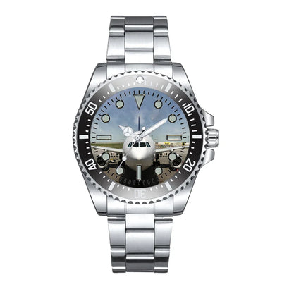 Side view of Face to Face with an Huge Airbus Luxury Aviators aviation aviator watch in premium stainless steel, polished fin.