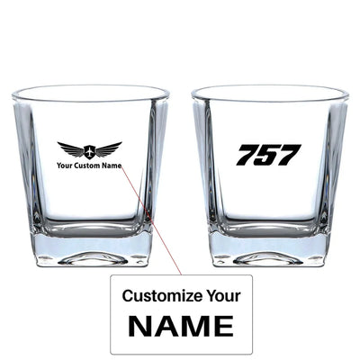 Boeing 757 Flat Text aviation design on whiskey glass, crystal-clear premium glassware.