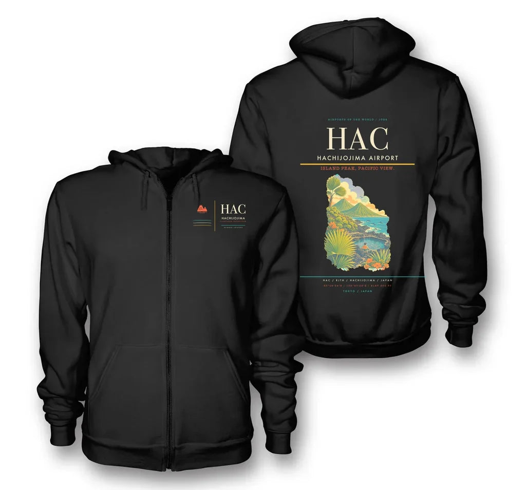 Hachijojima Airport (HAC) design on black premium zipped hoodie