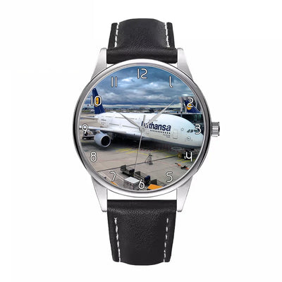 Lufthansa's A380 At The Gate aviation-themed watch with leather strap, polished leather strap.
