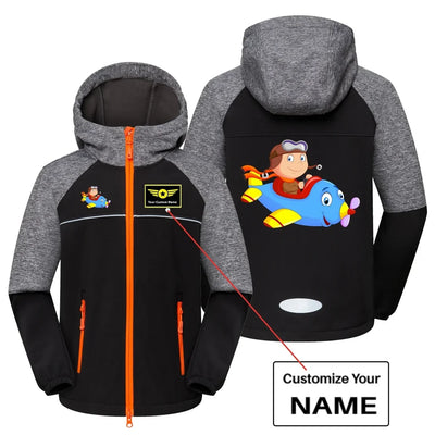 Little Boy Operating an Airplane aviation design printed on warm polar fleece kids' polar jacket.