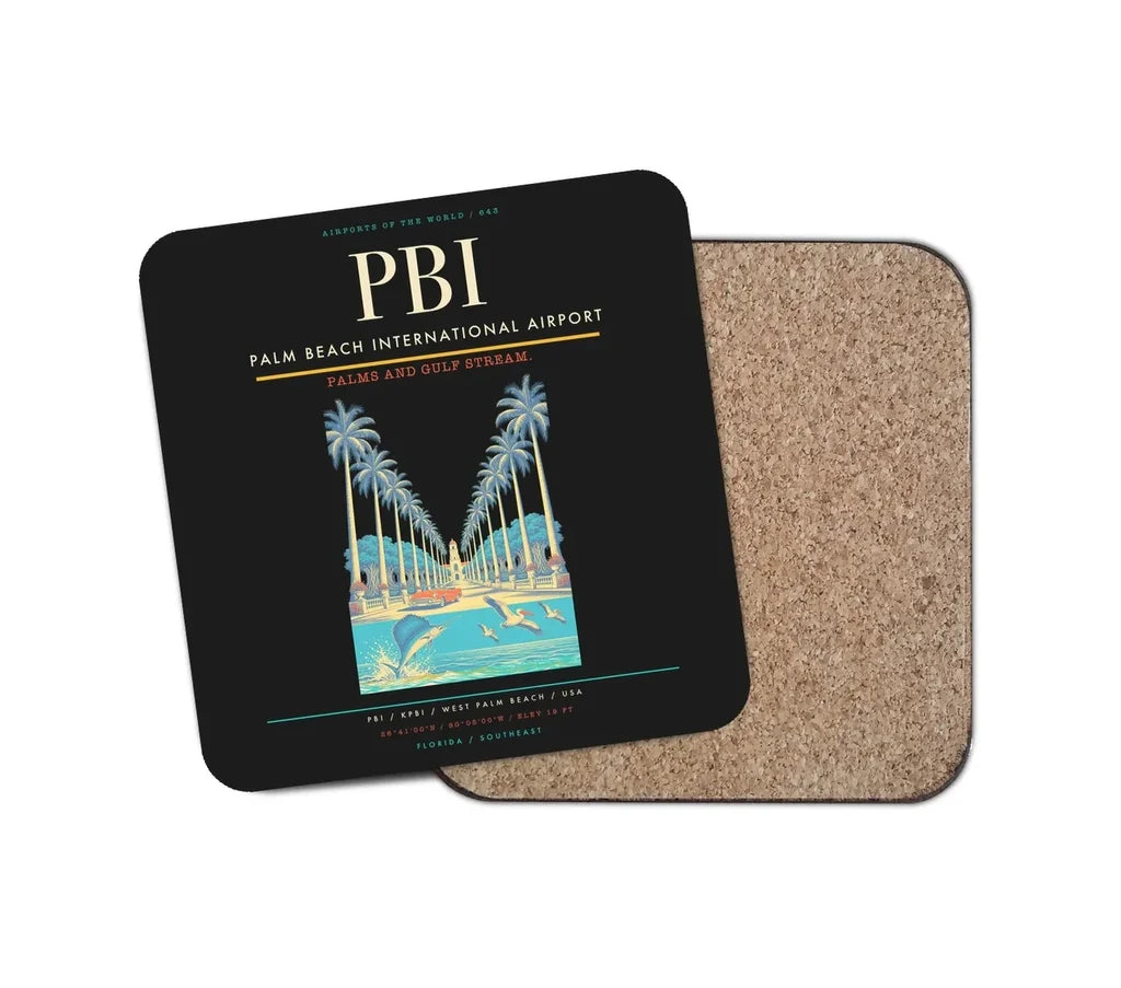 Palm Beach International Airport (PBI) design on black 1 piece coaster
