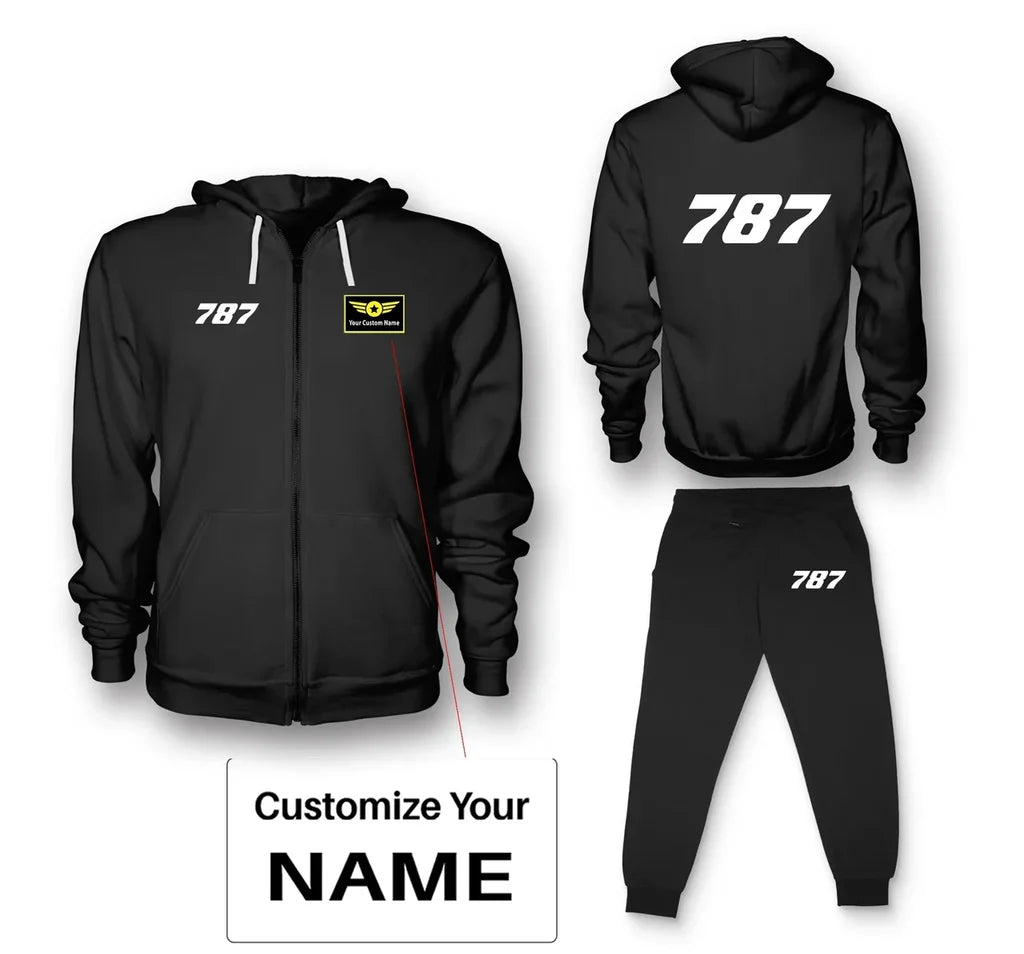 Boeing 787 Flat Text aviation design on soft cotton blend zipped hoodie and sweatpants set.