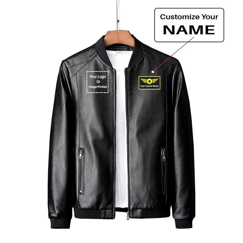 Custom Name + LOGO PU aviation design printed on genuine leather with quilted lining leather jacket.