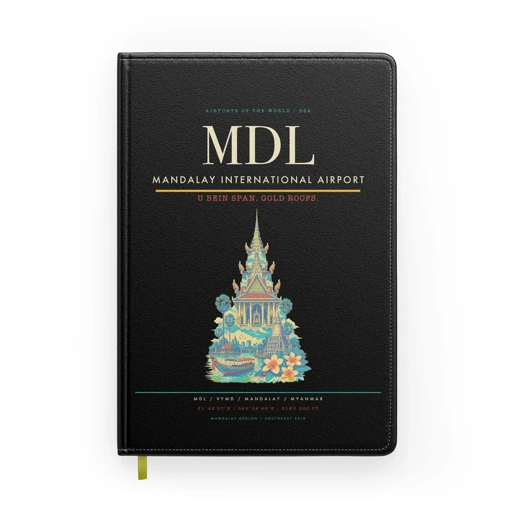 Mandalay International Airport (MDL) design on black notebook